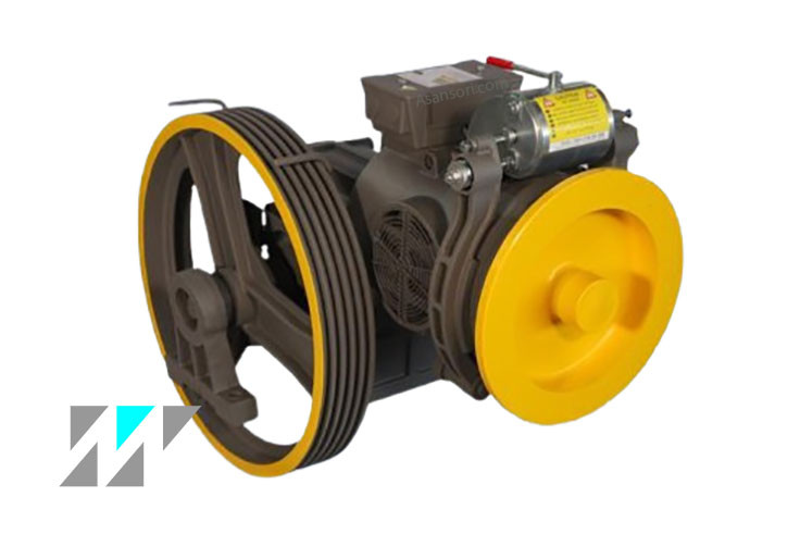 تصویر موتور گیربکس آسانسور ABB ایرانی مدل 6.1 کیلووات با فلکه 55 سانتیمتری مناسب ساختمانهای ۴ تا ۶ طبقه